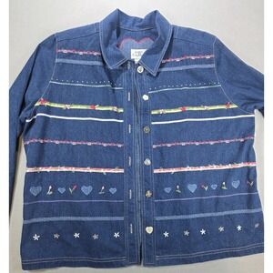 Vintage Koret City Blues‎ Jean Jacket 16W Floral Embellished Grandma Button 90s